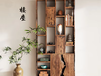 Chinese Style Wooden Shelf With Tea Sets Books Vases And Bamboo Plant Near White Wall 3d model