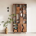 Chinese Style Wooden Shelf With Tea Sets Books Vases And Bamboo Plant Near White Wall