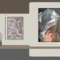 Modern Abstract Wall Art In Interior Living Space With Seated Person And Patterns