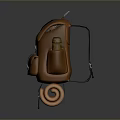 Practical Brown Backpack with Black Straps Tools Water Bottle and Rolled Sleeping Bag