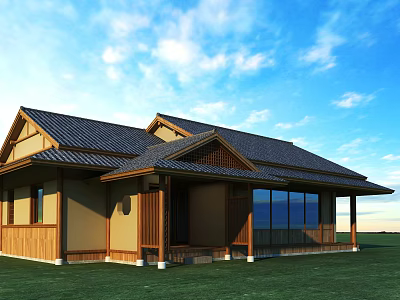 Traditional Wooden House With Tile Roof Large Windows And Green Grass Field 3d model