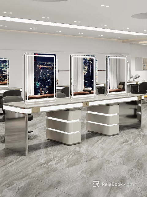 Elegant Modern Hair Salon Interior Design With Illuminated Mirrors And Styling Chairs 3d model 