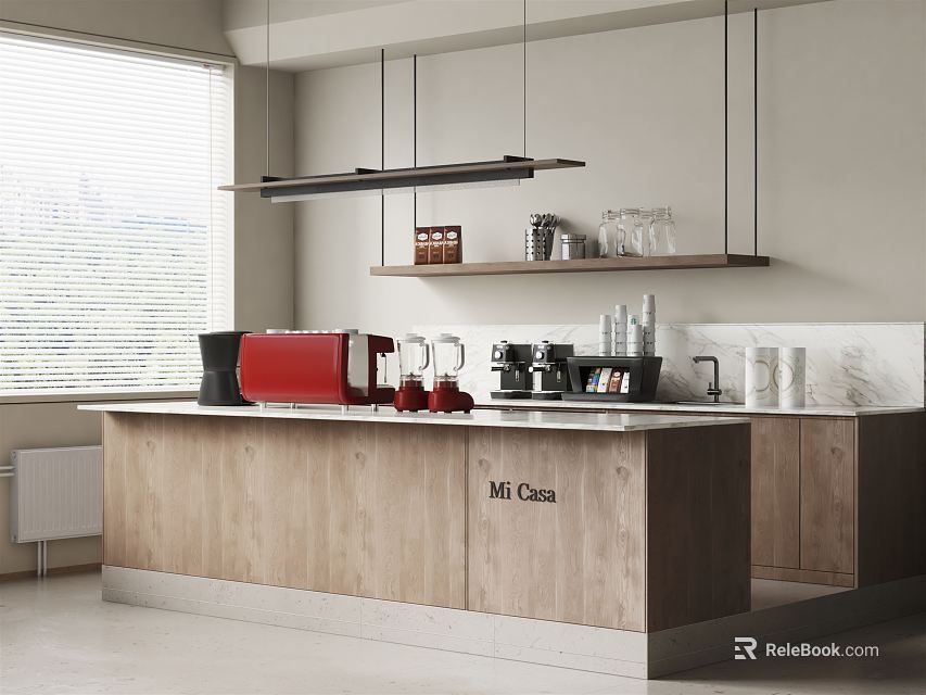 Mr.Coa Wooden Bar Counter With Red Coffee Machine Glassware Jars And Coffee Appliances On Shelves 3d model 