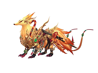 Mythical Fox Game Movie Character Featuring Multiple Tails Ornate Armor And Golden Green Gems 3d model