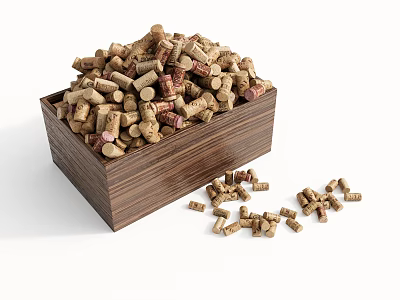 Wooden Box Filled With Wine Corks And Scattered Cork Pieces On White Background 3d model