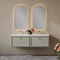 Elegant Modern Bathroom Vanity With Double Arched Backlit Mirrors Gold Faucets And Floral Decor