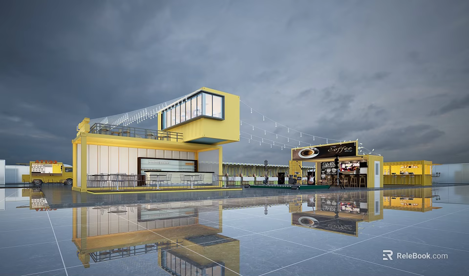 Yellow Container Building With Modern Design Large Windows Reflective Floor And Commercial Space 3d model 