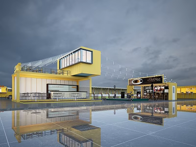 Yellow Container Building With Modern Design Large Windows Reflective Floor And Commercial Space 3d model