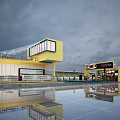 Yellow Container Building With Modern Design Large Windows Reflective Floor And Commercial Space