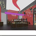 Bright Red Themed Store Interior With Wooden Shelves And Product Displays