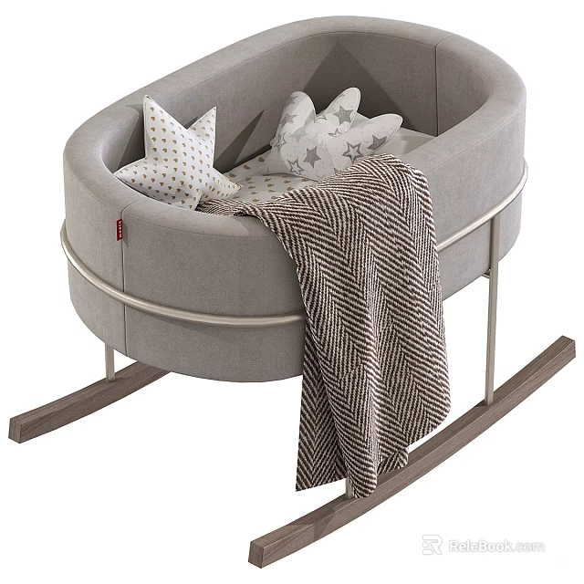 Gray Rocking Baby Crib With Star Pattern Pillows And Cozy Striped Blanket 3d model 
