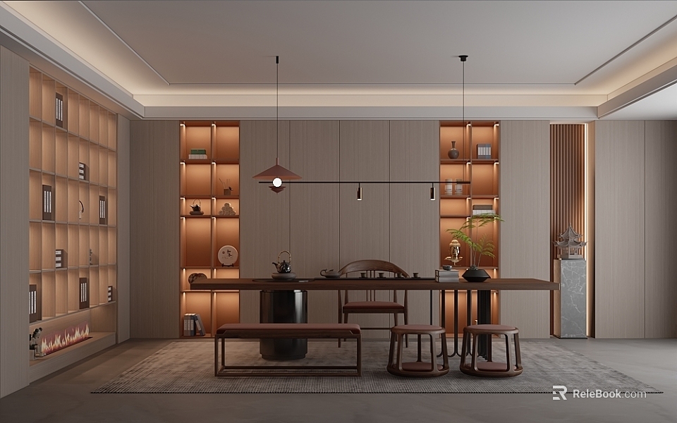 Elegant Tea Room Interior Design With Wooden Shelves Pendant Lights Long Table And Chairs 3d model 