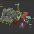 Farm Wooden Barn with Stone Tile Roof Windmill Water Well Wooden Shed Barrels and Tools