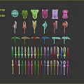Colorful Fantasy Weapon Collection with Vibrant Designs Including Shields Spears and Swords