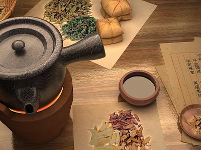 Traditional Spice Jars With Dried Herbs Tea Leaves And Small Bowl On Wooden Table 3d model