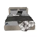 Double Bed With Gray Headboard Black Pillows And White Plaid Blanket 3d model