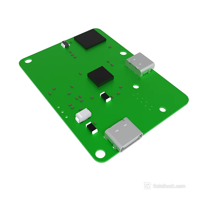 Green Circuit Board With Electronic Components Chips Connectors And Mounting Holes 3d model 