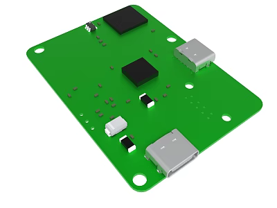 Green Circuit Board With Electronic Components Chips Connectors And Mounting Holes 3d model