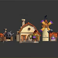 Cartoon Scene With Colorful Cottage Windmill Spider Web Decorations And Pumpkins