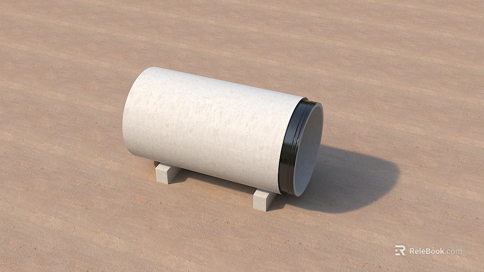 White Concrete Cylindrical Building Pipe With Black Rim And Small Block Supports On Brown Surface 3d model 