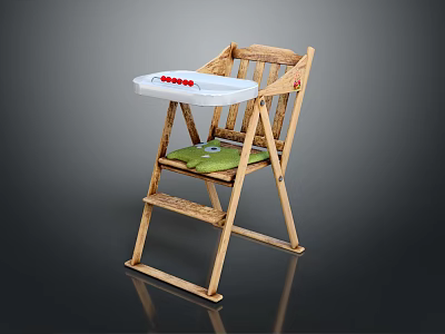 Wooden Baby High Chair With White Tray Green Cushion And Cartoon Pattern 3d model