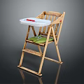 Wooden Baby High Chair With White Tray Green Cushion And Cartoon Pattern