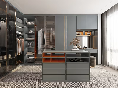 Modern Walk-in Closet Interior Design With Grey Cabinets Glass Door Wardrobes Island Counter And Mirror 3d model