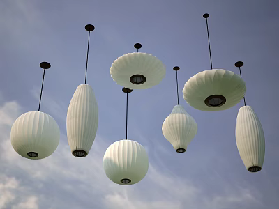 Multiple White Round And Cylindrical Pendant Lights Hanging In Blue Sky With Clouds 3d model
