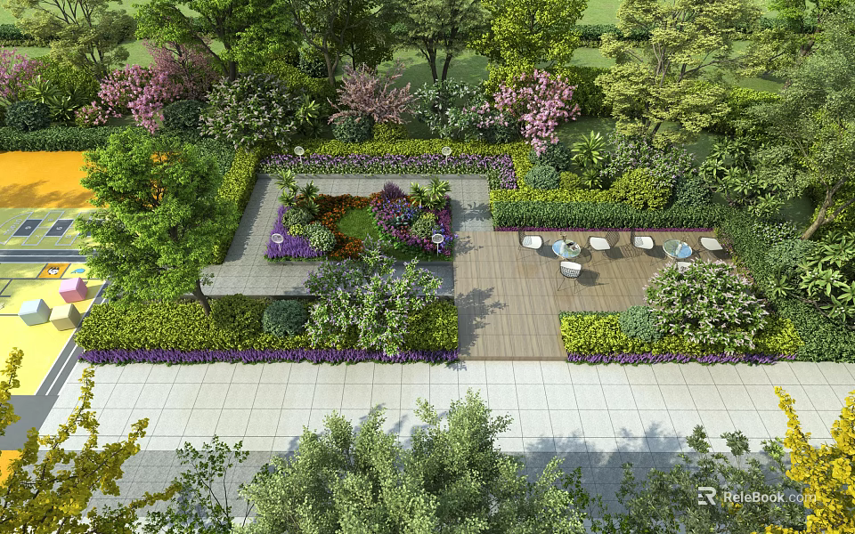 Well Designed Garden Landscape With Diverse Plants Flowers Green Lawn Seating Area And Stone Path 3d model 