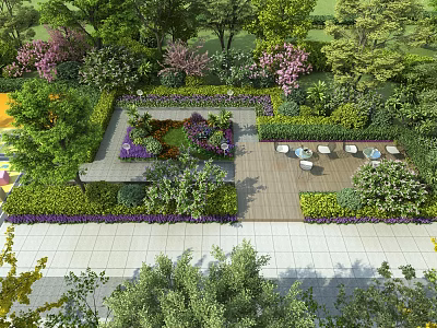 Well Designed Garden Landscape With Diverse Plants Flowers Green Lawn Seating Area And Stone Path 3d model
