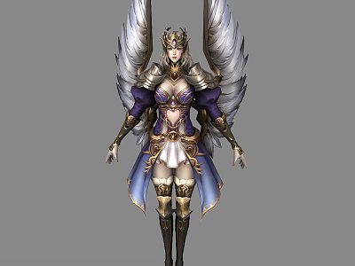Game Fantasy Warrior Character With White Wings And Purple Gold Ornate Armor 3d model