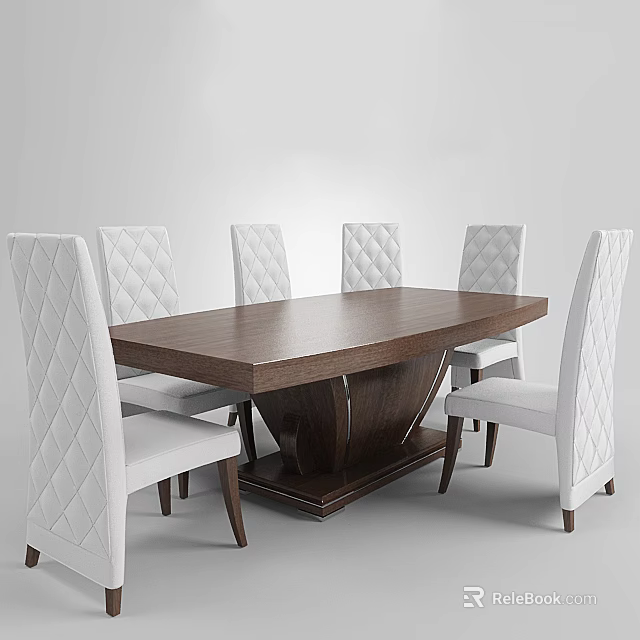 Modern Dark Brown Rectangular Dining Table Set With White Quilted Chairs 3d model 