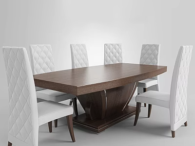 Modern Dark Brown Rectangular Dining Table Set With White Quilted Chairs 3d model