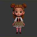 Cartoon Girl With Curly Brown Hair Buns White Blouse Brown Skirt Striped Socks Red Shoes