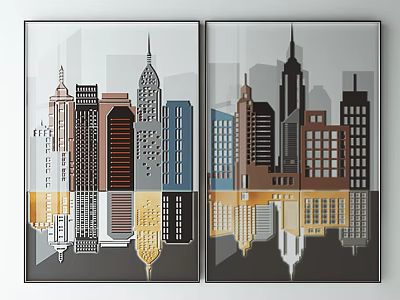 Two Panel Modern Urban Cityscape Paintings With Building Silhouettes And Reflections 3d model