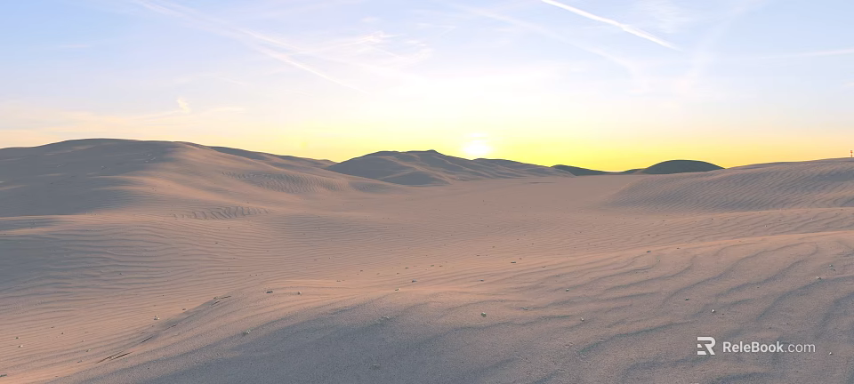 Desert Landscape with Rolling Sand Dunes Bathed in Sunset Light and Wispy Clouds 3d model 