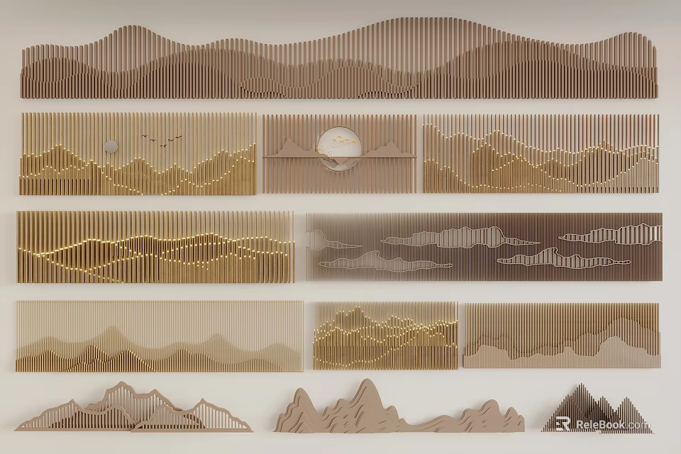 Decorative Mountain Design Elements With Various Styles And Layered Patterns In Brown Gold Tones 3d model
