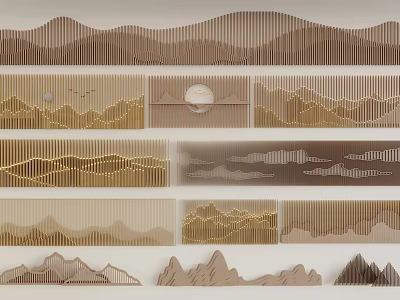 Decorative Mountain Design Elements With Various Styles And Layered Patterns In Brown Gold Tones 3d model
