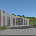 Modern School Building with Large Windows White Facade Green Lawn and Trees