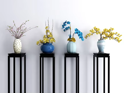 Colorful Flower Vases in Blue Light Blue and White with Yellow Blossoms on Black Stands 3d model