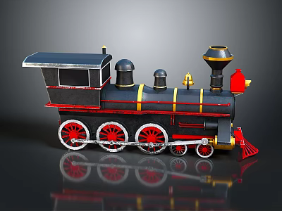 Vintage Steam Train 3D Model With Black Body Red Yellow Stripes And Decorative Wheels 3d model