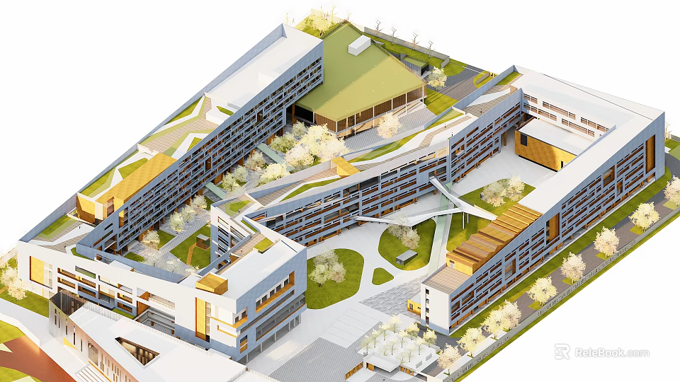 Modern School Building Featuring Connected Structures Green Roof And Central Courtyard 3d model
