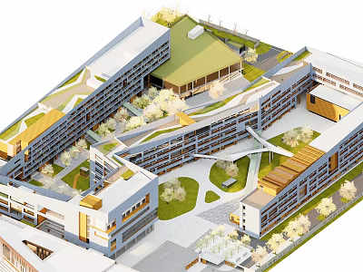 Modern School Building Featuring Connected Structures Green Roof And Central Courtyard 3d model