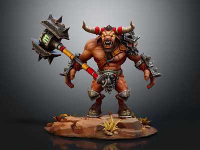 Horned Orc Warrior Holding Spiked Warhammer Armored Standing on Rock Base With Grass 3d model