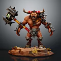 Horned Orc Warrior Holding Spiked Warhammer Armored Standing on Rock Base With Grass