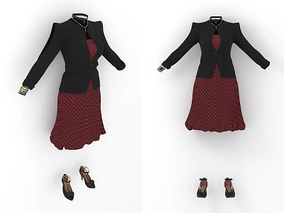 Elegant Black Blazer With Red Polka Dot Skirt And Black High Heels Ensemble 3d model