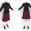 Elegant Black Blazer With Red Polka Dot Skirt And Black High Heels Ensemble