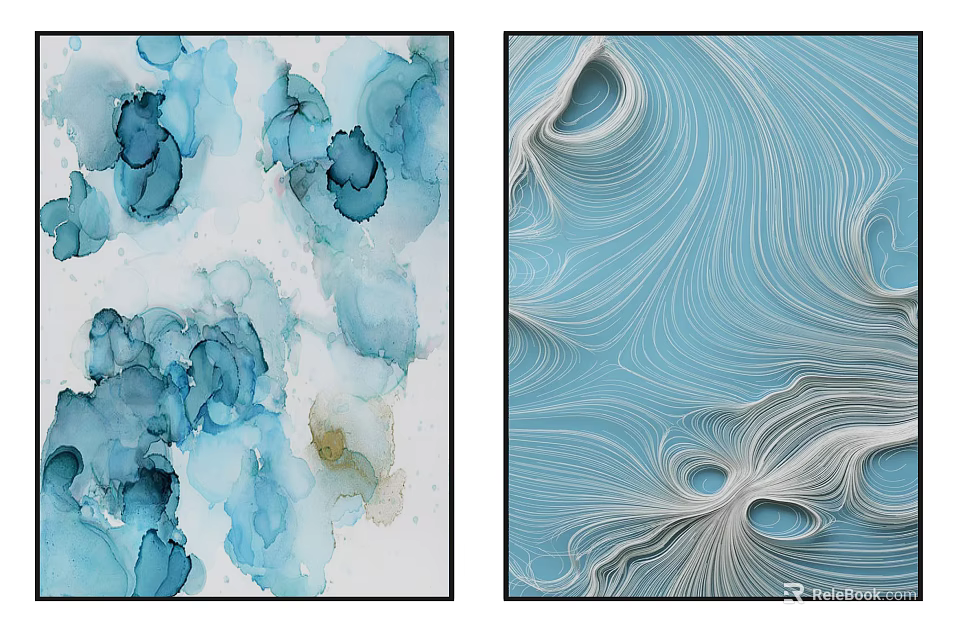 Abstract Blue Artwork With Watercolor Ink Patterns And Wavy Textured Design 3d model 