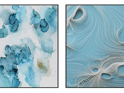 Abstract Blue Artwork With Watercolor Ink Patterns And Wavy Textured Design 3d model