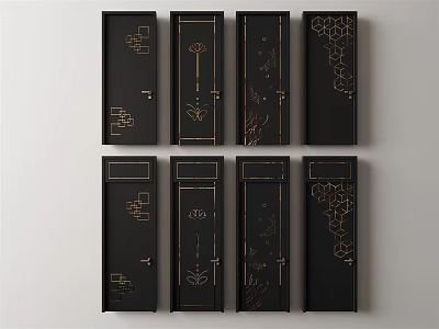 Modern Black Hinged Doors With Intricate Gold Patterns And Various Decorative Designs 3d model